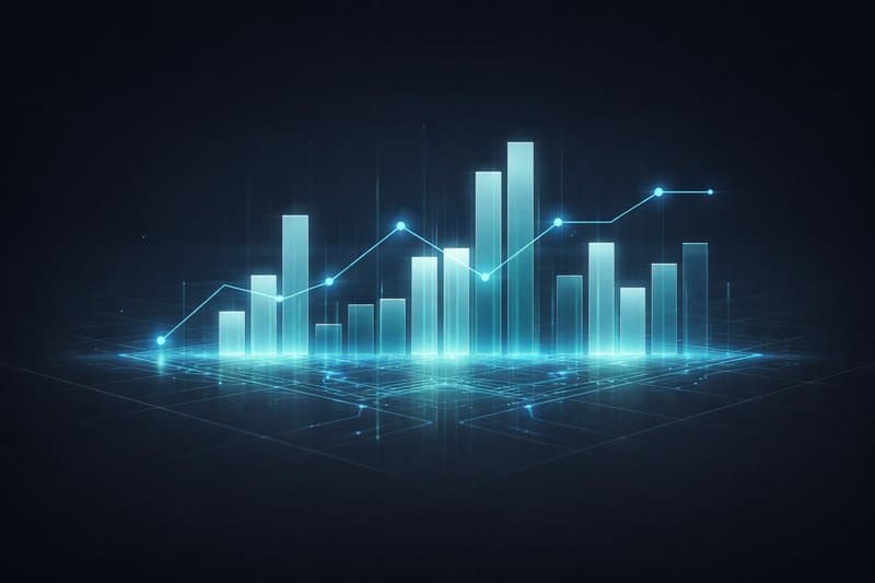 Data analytics dashboard with bar charts and upward trend indicators